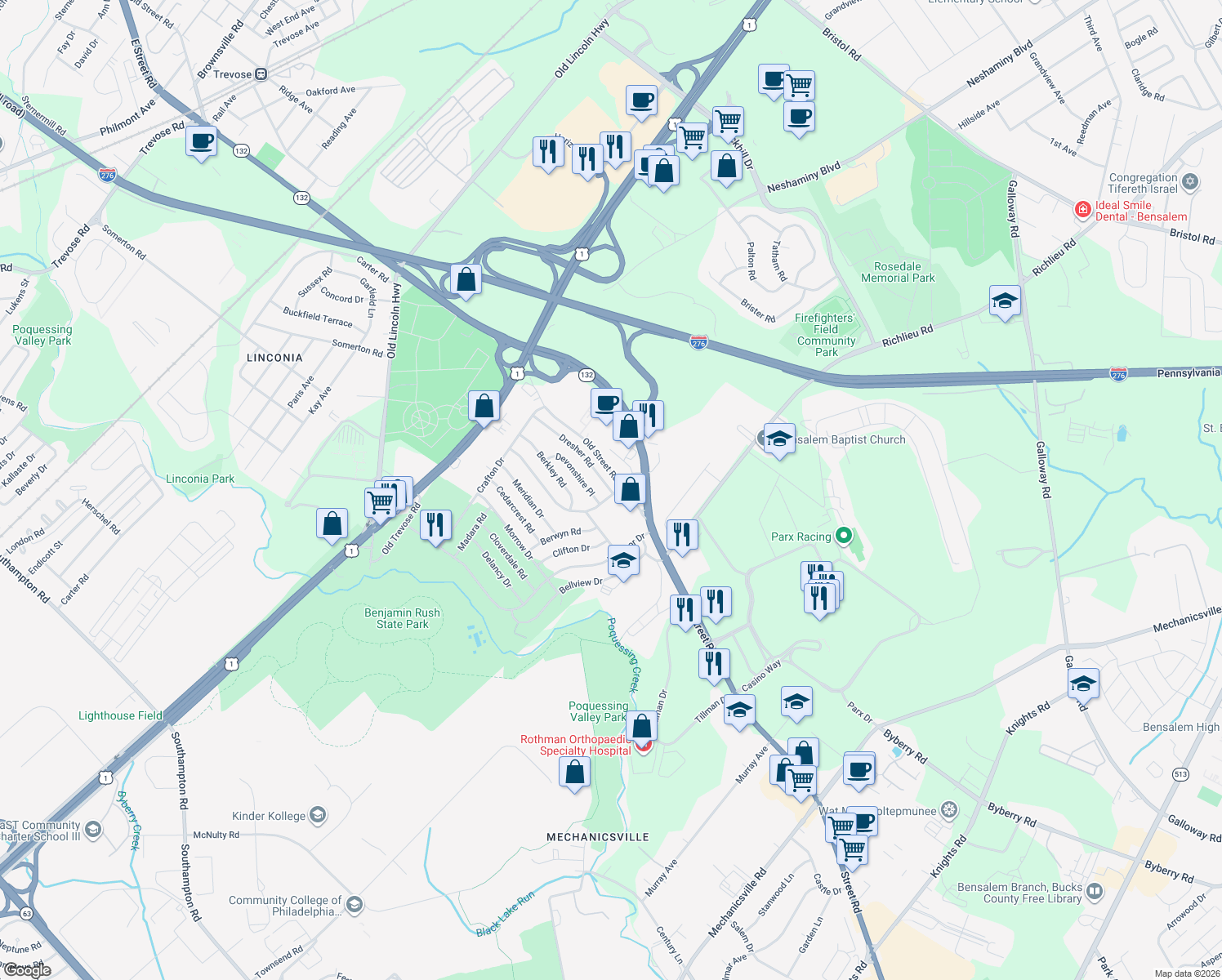 map of restaurants, bars, coffee shops, grocery stores, and more near 3609 Dresher Road in Bensalem
