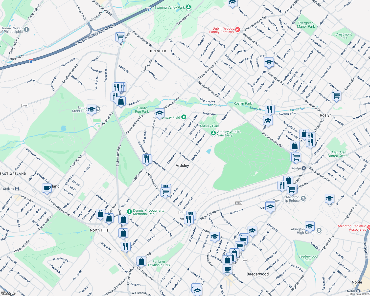 map of restaurants, bars, coffee shops, grocery stores, and more near 824 Central Avenue in Glenside