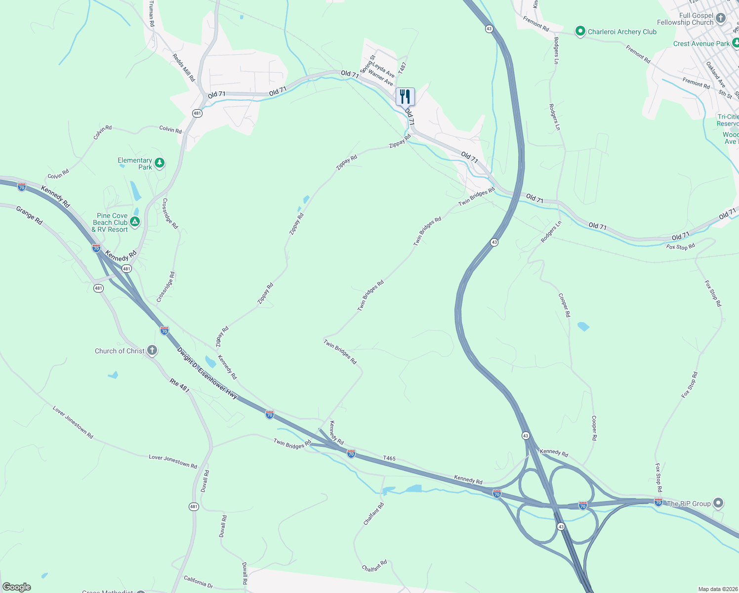 map of restaurants, bars, coffee shops, grocery stores, and more near 288 Twin Bridges Road in Charleroi