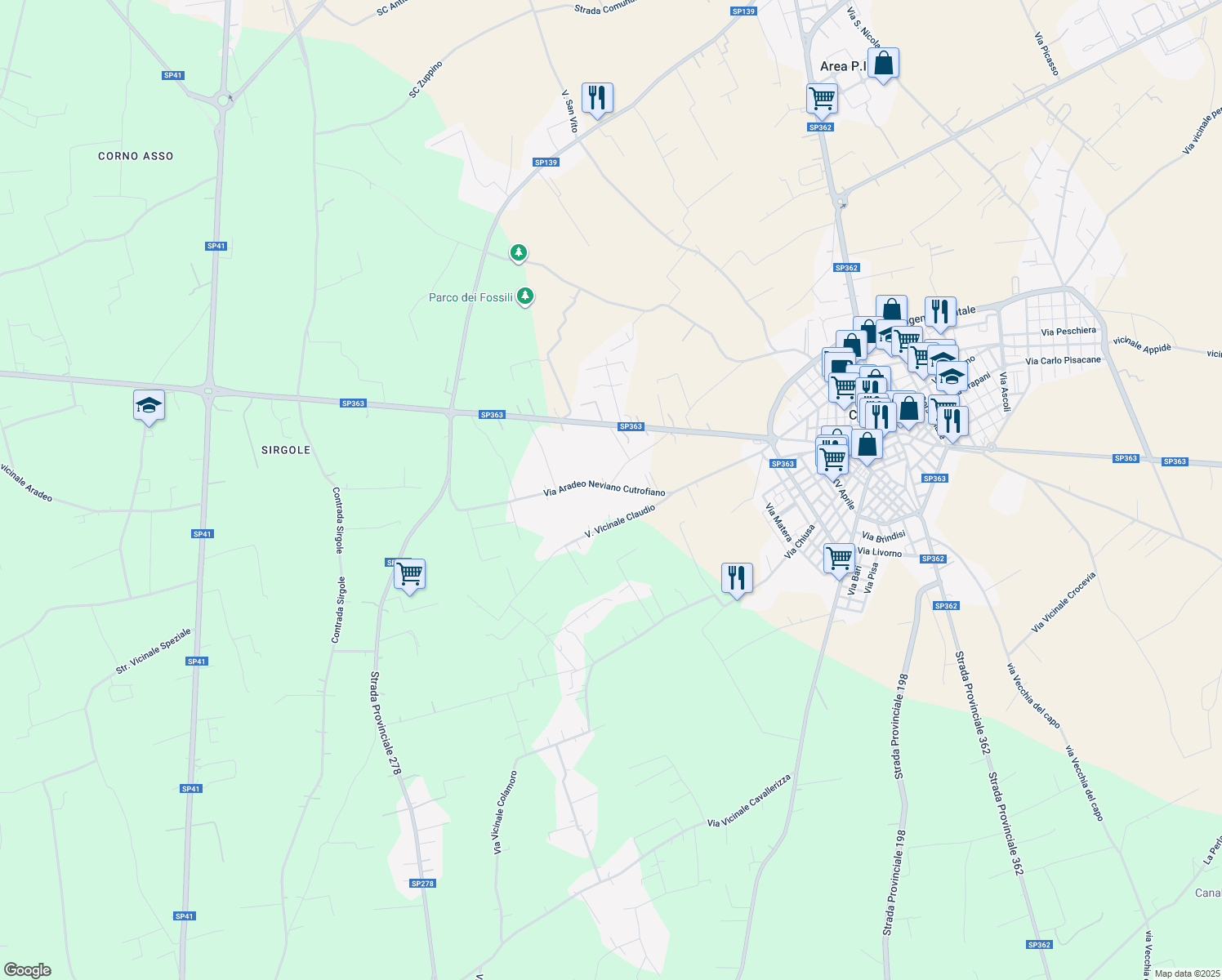 map of restaurants, bars, coffee shops, grocery stores, and more near 47 Via Aradeo Neviano Cutrofiano in Provincia di Lecce