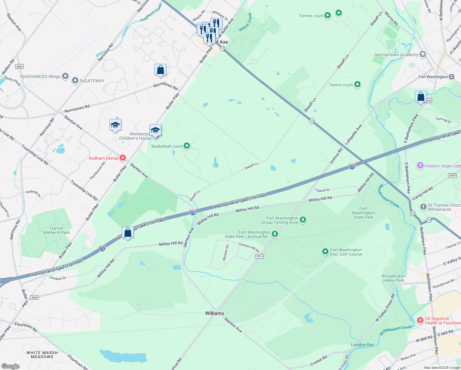 map of restaurants, bars, coffee shops, grocery stores, and more near 6030 Sheaff Lane in Fort Washington