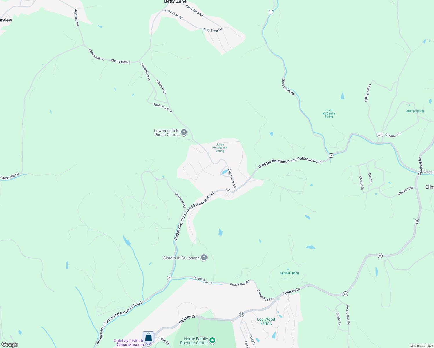 map of restaurants, bars, coffee shops, grocery stores, and more near 8 Lakeview Drive in Wheeling