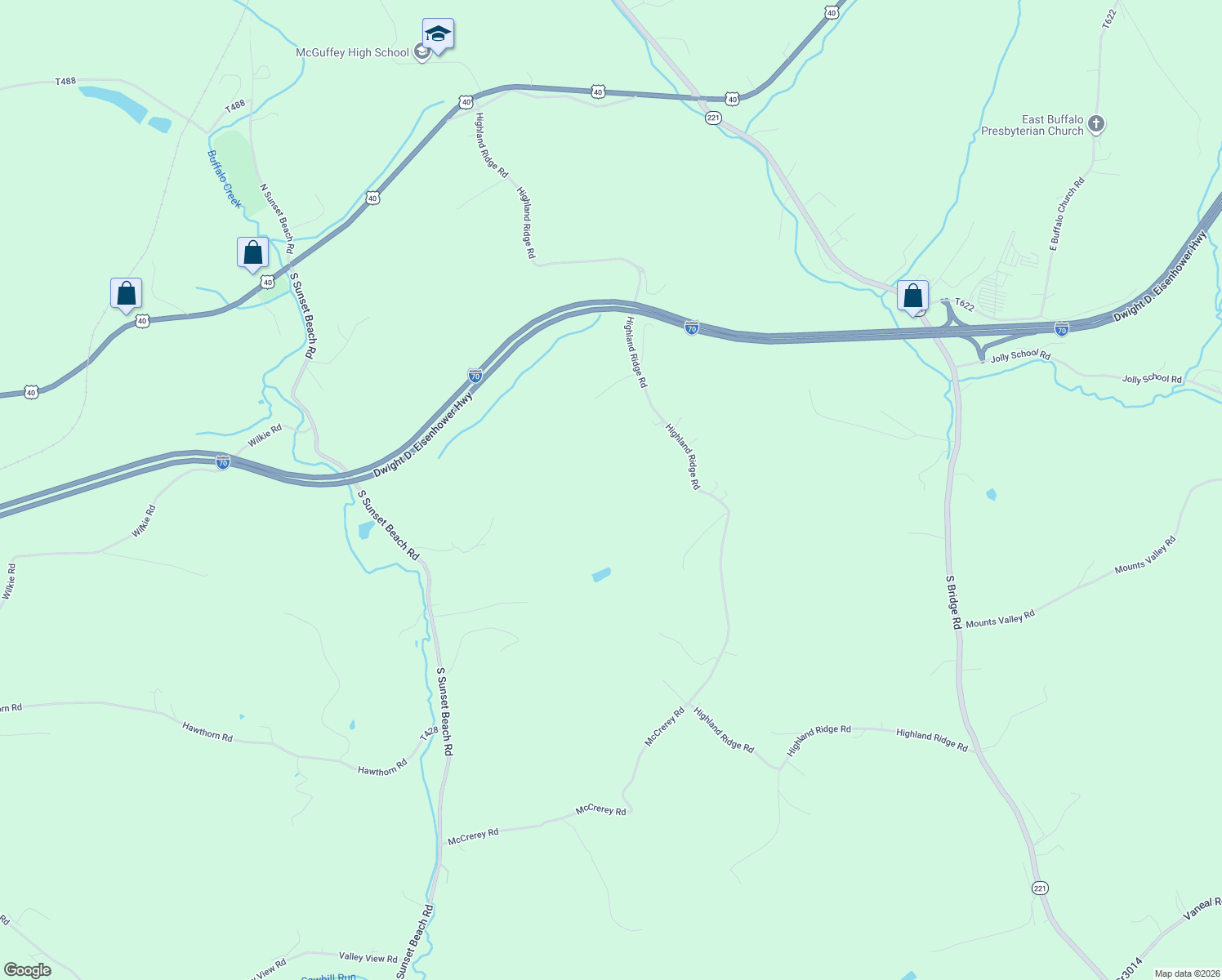 map of restaurants, bars, coffee shops, grocery stores, and more near 333 Highland Ridge Road in Claysville