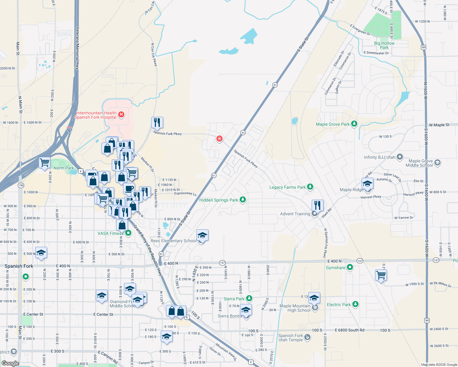 map of restaurants, bars, coffee shops, grocery stores, and more near 1682 East Ridgefield Road in Spanish Fork