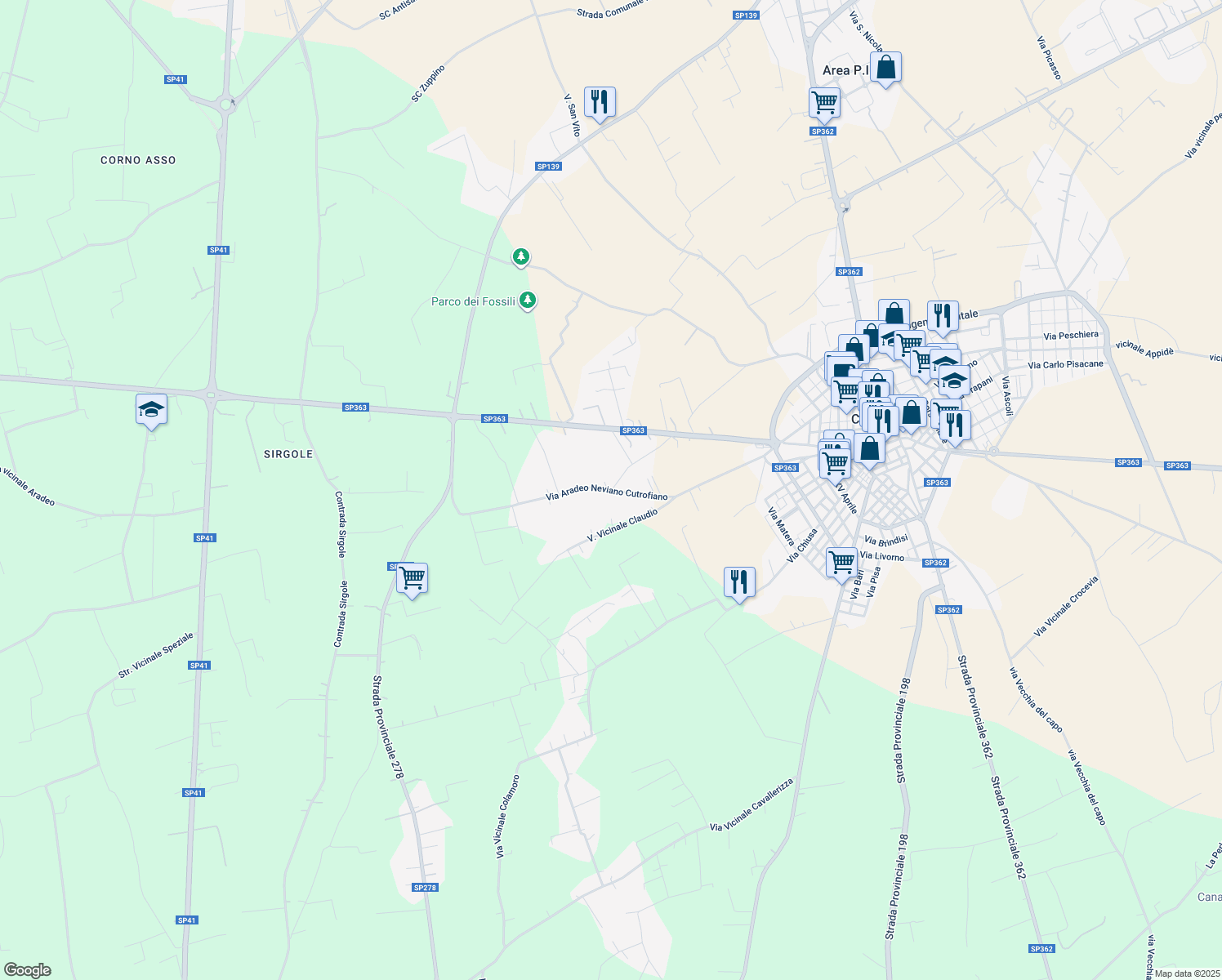 map of restaurants, bars, coffee shops, grocery stores, and more near 47 Via Aradeo Neviano Cutrofiano in Provincia di Lecce