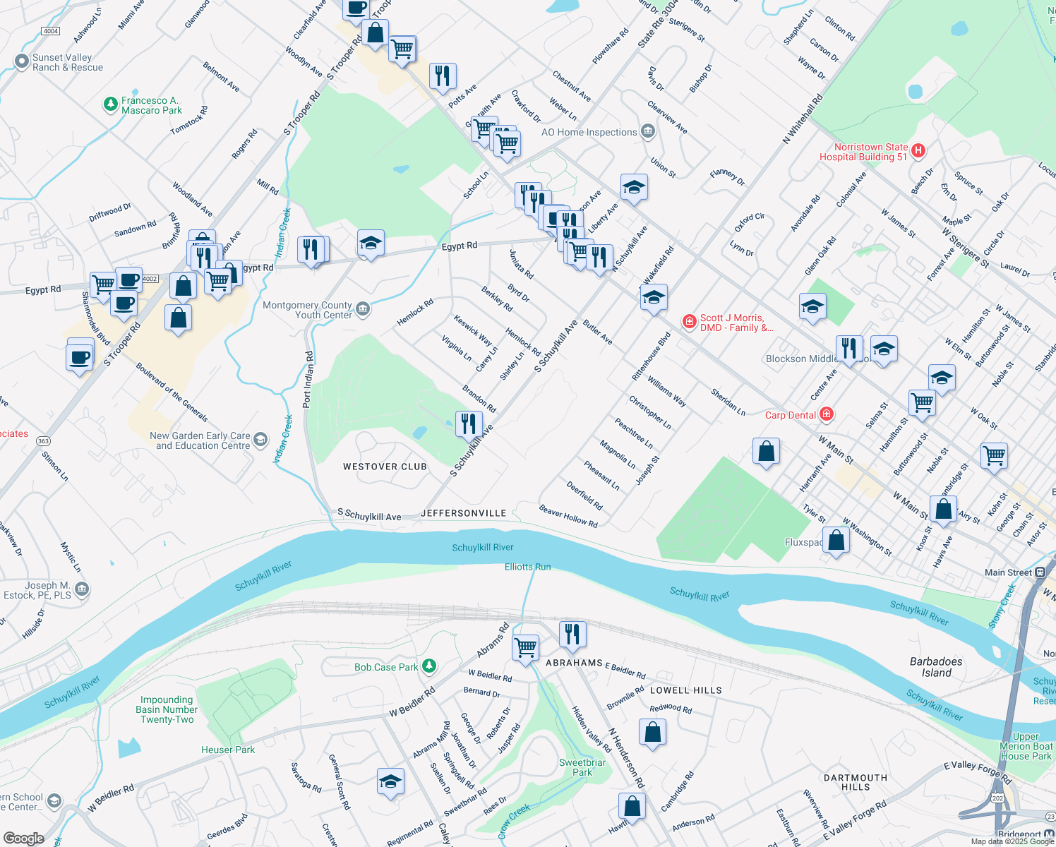 map of restaurants, bars, coffee shops, grocery stores, and more near 145 Brandon Road in Norristown