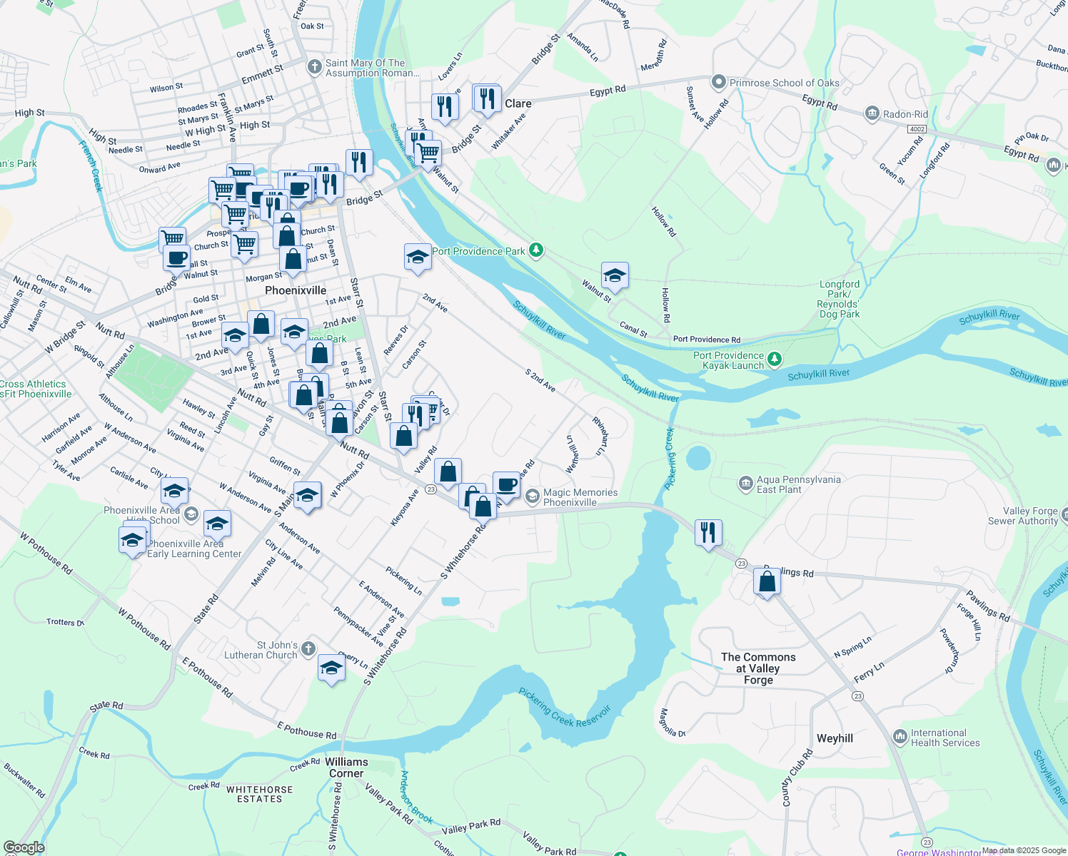 map of restaurants, bars, coffee shops, grocery stores, and more near 125 Rossiter Avenue in Phoenixville