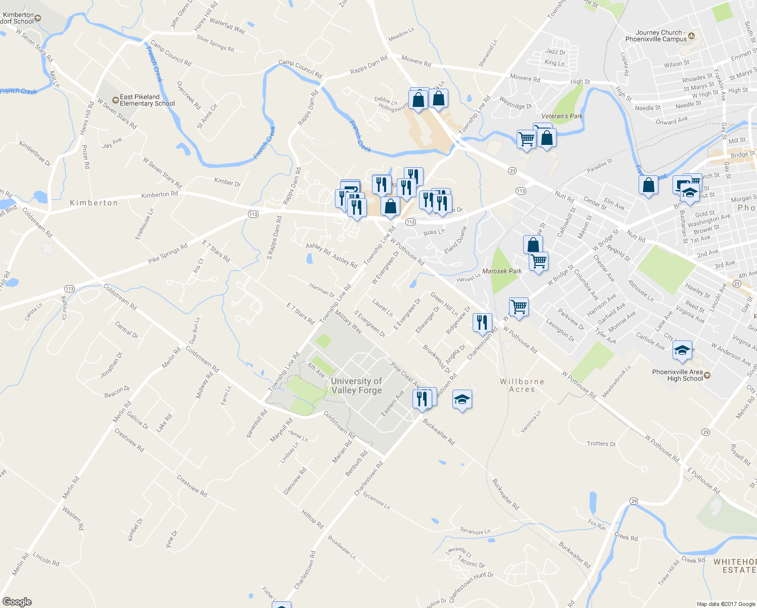 map of restaurants, bars, coffee shops, grocery stores, and more near 1227 Laurel Lane in Phoenixville