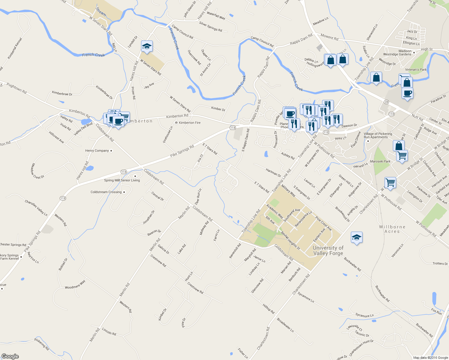 map of restaurants, bars, coffee shops, grocery stores, and more near 2816 Juniper Lane in Phoenixville