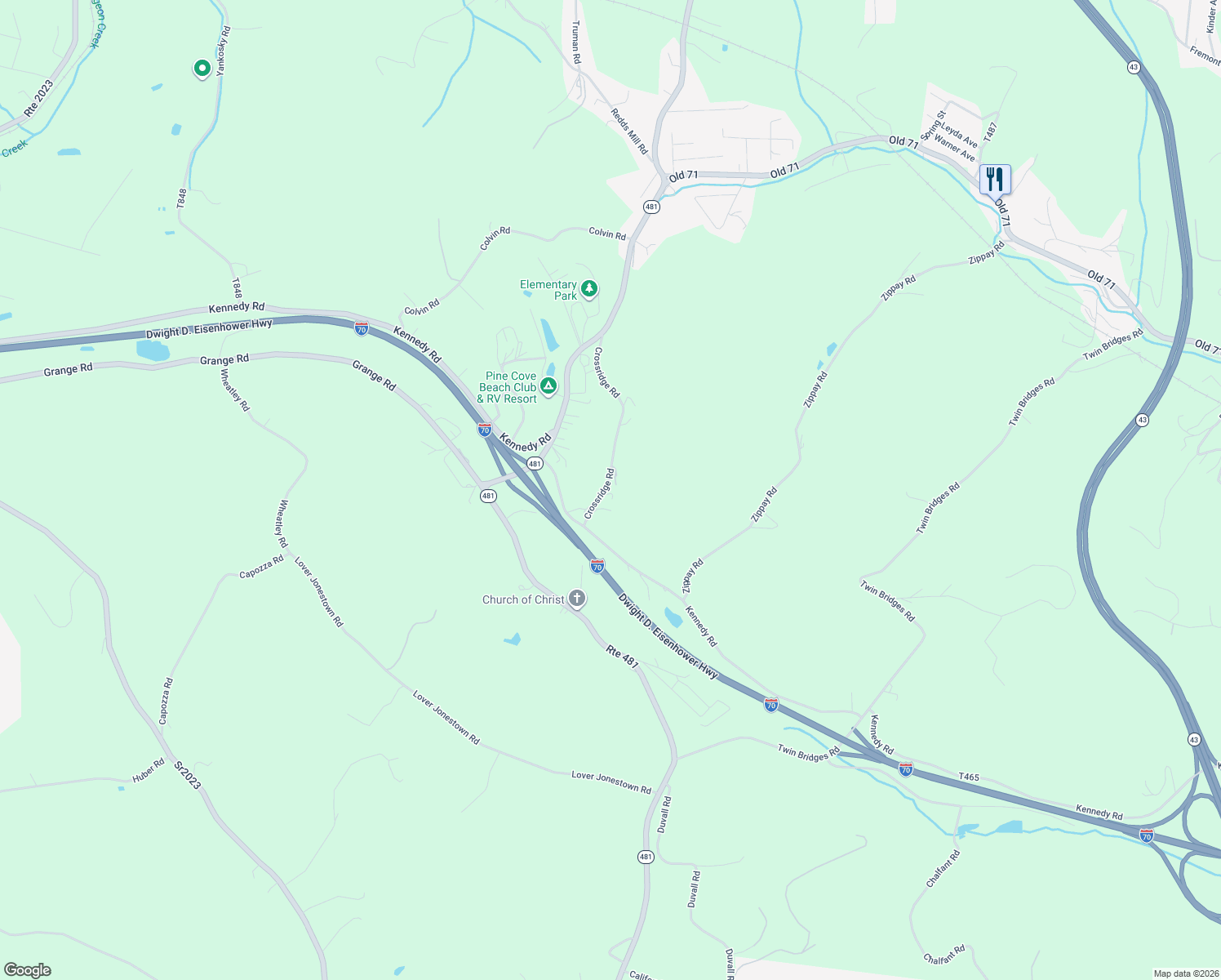 map of restaurants, bars, coffee shops, grocery stores, and more near 84 Crossridge Road in Charleroi