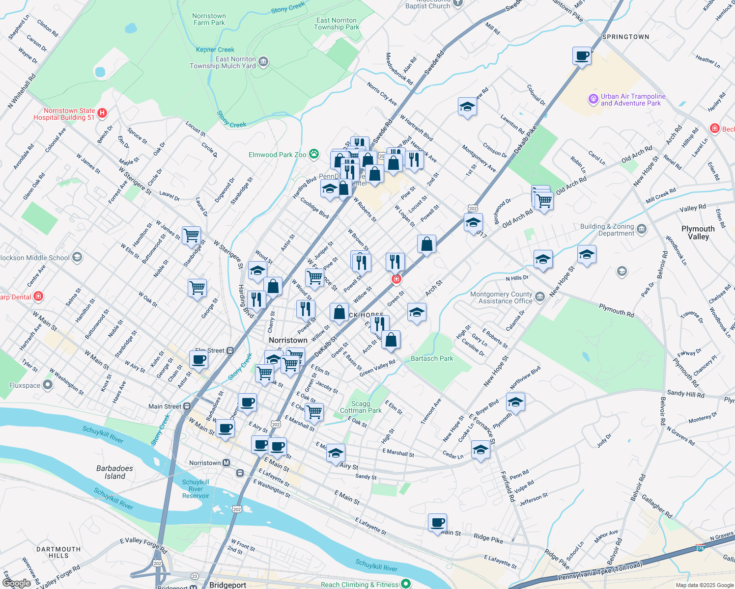 map of restaurants, bars, coffee shops, grocery stores, and more near 1440 Willow Street in Norristown