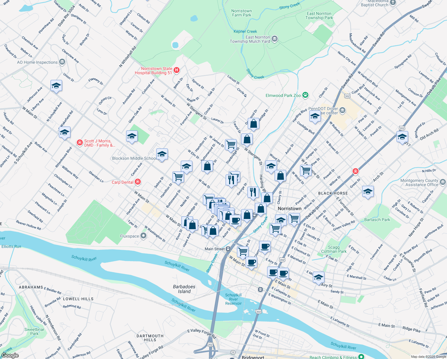 map of restaurants, bars, coffee shops, grocery stores, and more near 820 W Elm St in Norristown