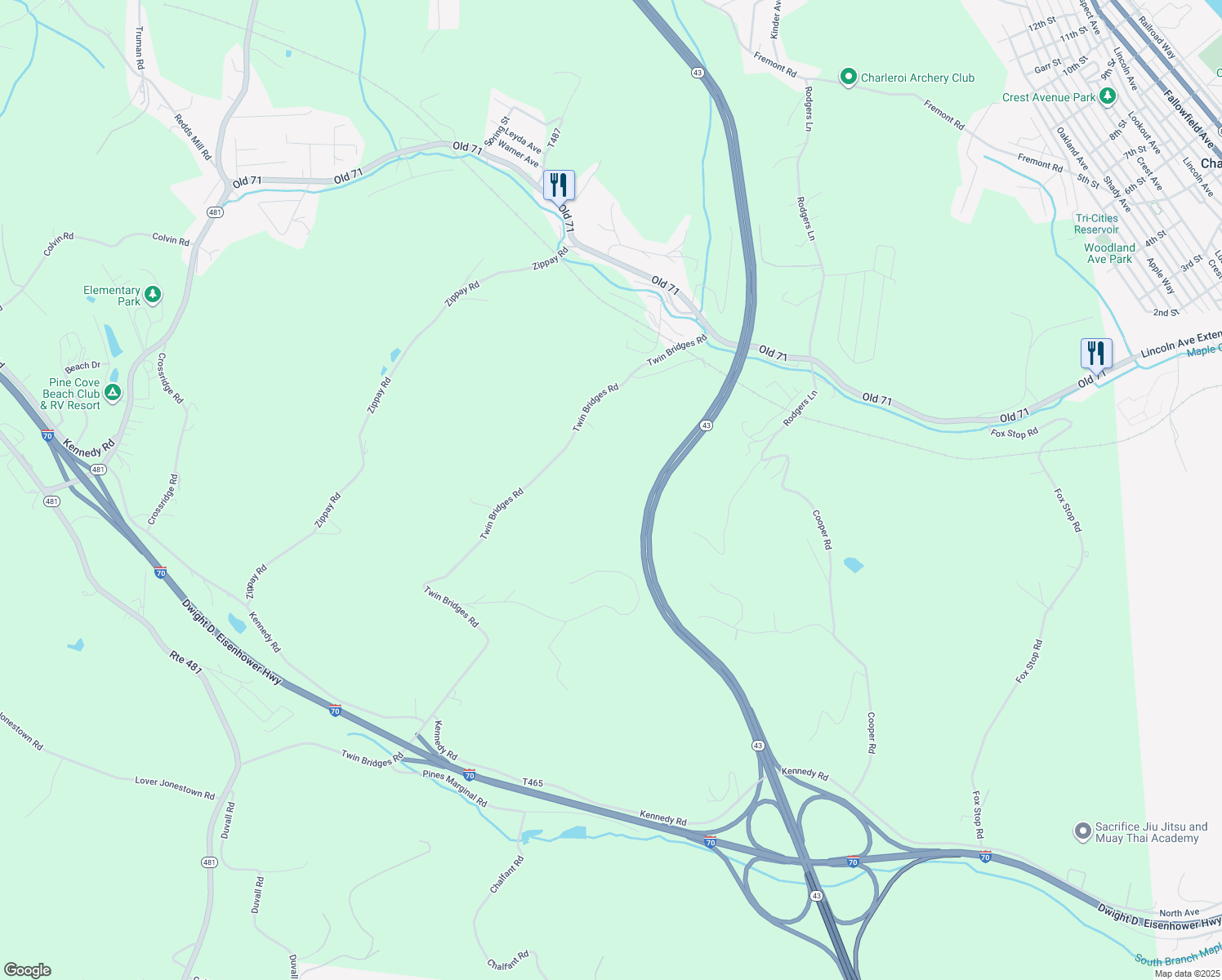 map of restaurants, bars, coffee shops, grocery stores, and more near in North Charleroi