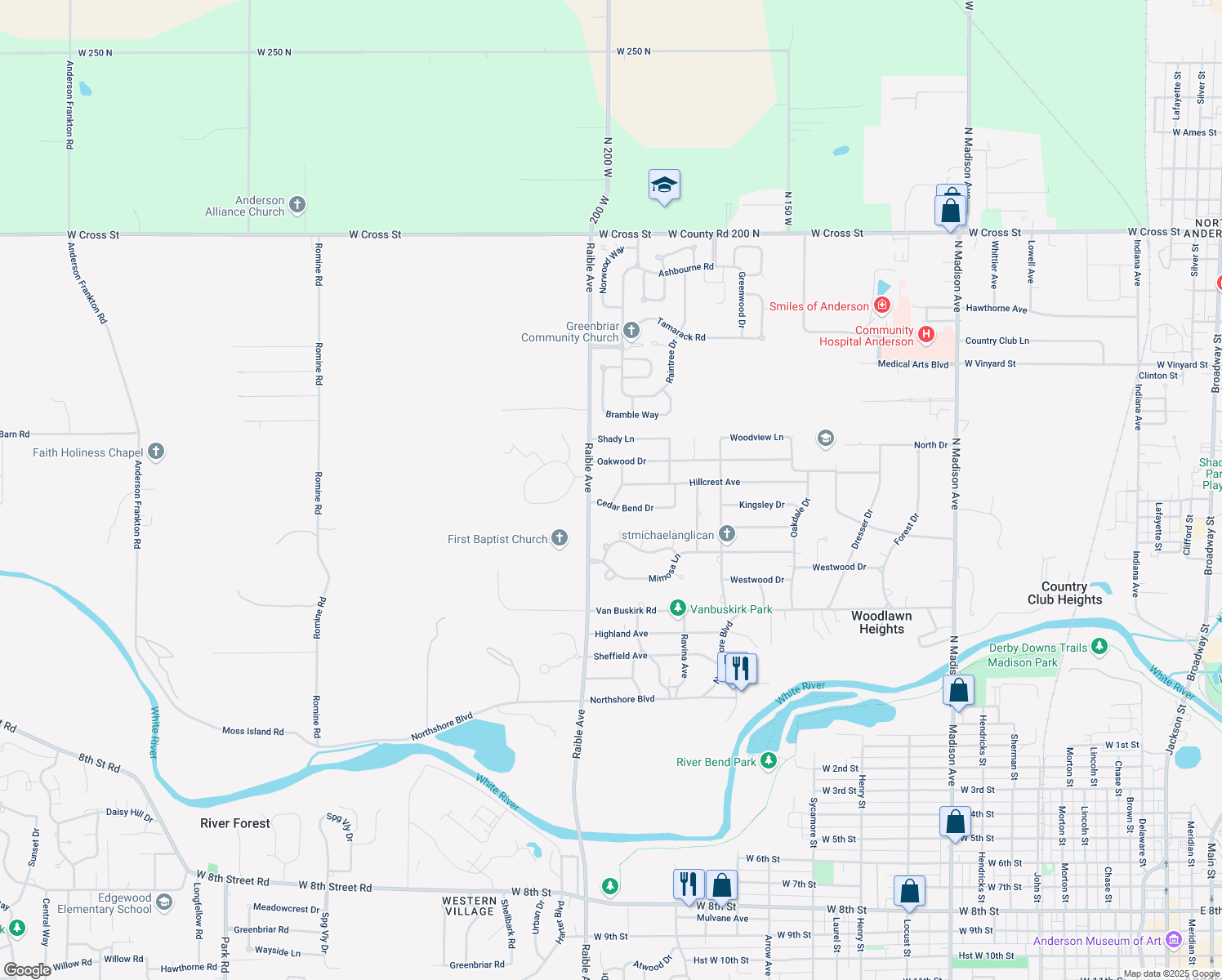 map of restaurants, bars, coffee shops, grocery stores, and more near 1027 James Way in Anderson