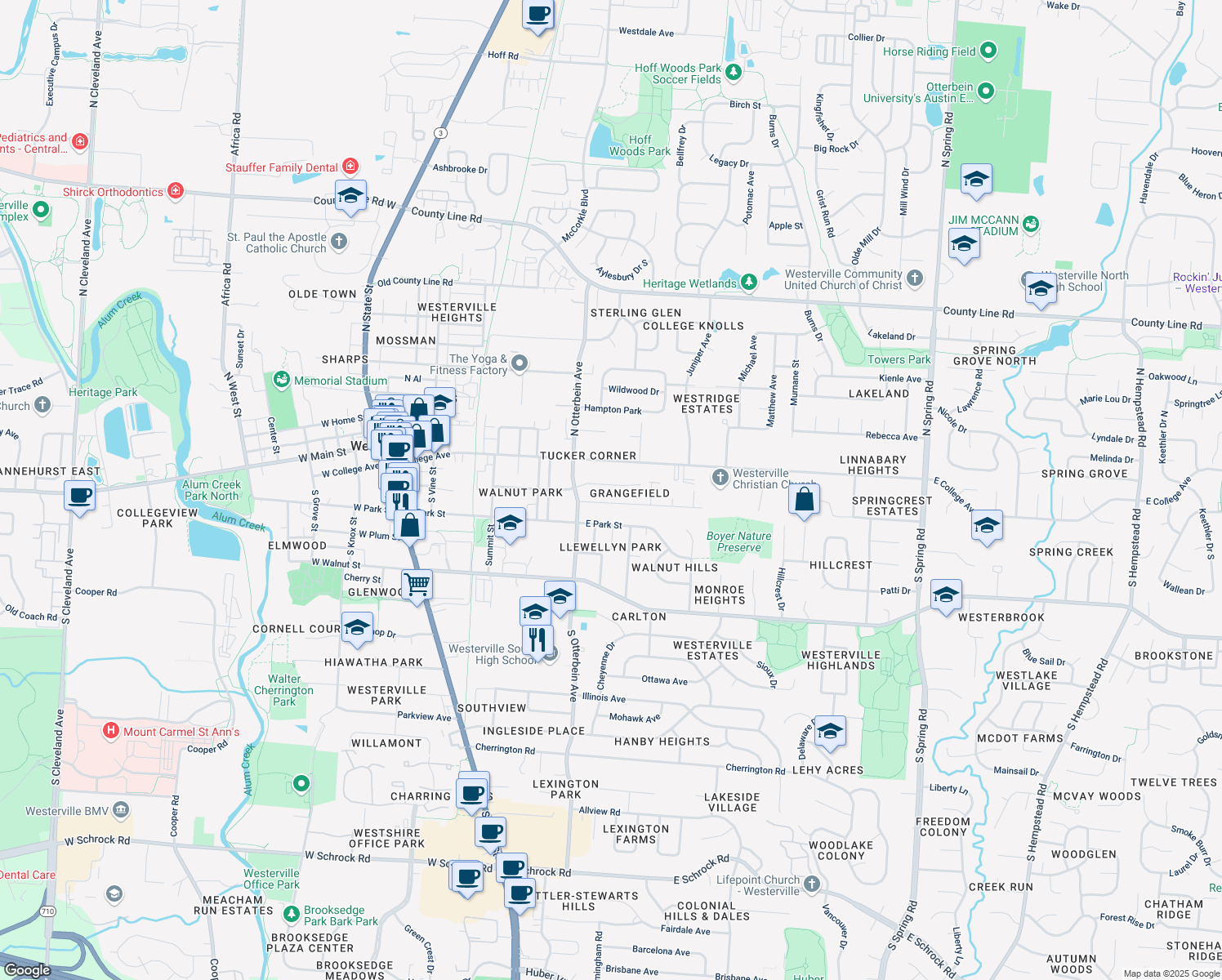 map of restaurants, bars, coffee shops, grocery stores, and more near 315 Eastwood Avenue in Westerville