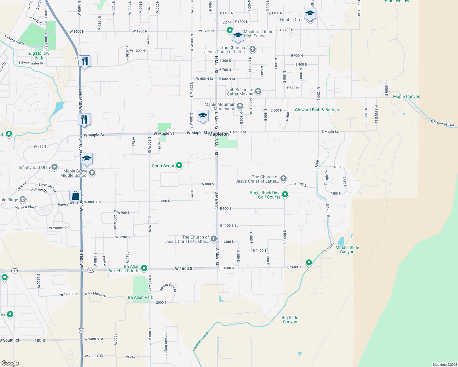 map of restaurants, bars, coffee shops, grocery stores, and more near 611 S Main St in Mapleton