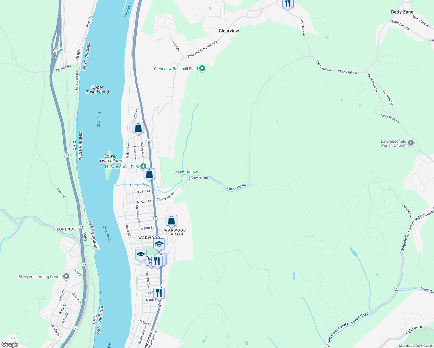 map of restaurants, bars, coffee shops, grocery stores, and more near 331 Cherry Hill Road in Wheeling