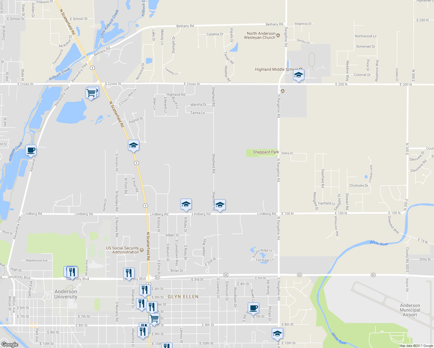 map of restaurants, bars, coffee shops, grocery stores, and more near 1026 Shepherd Road in Anderson