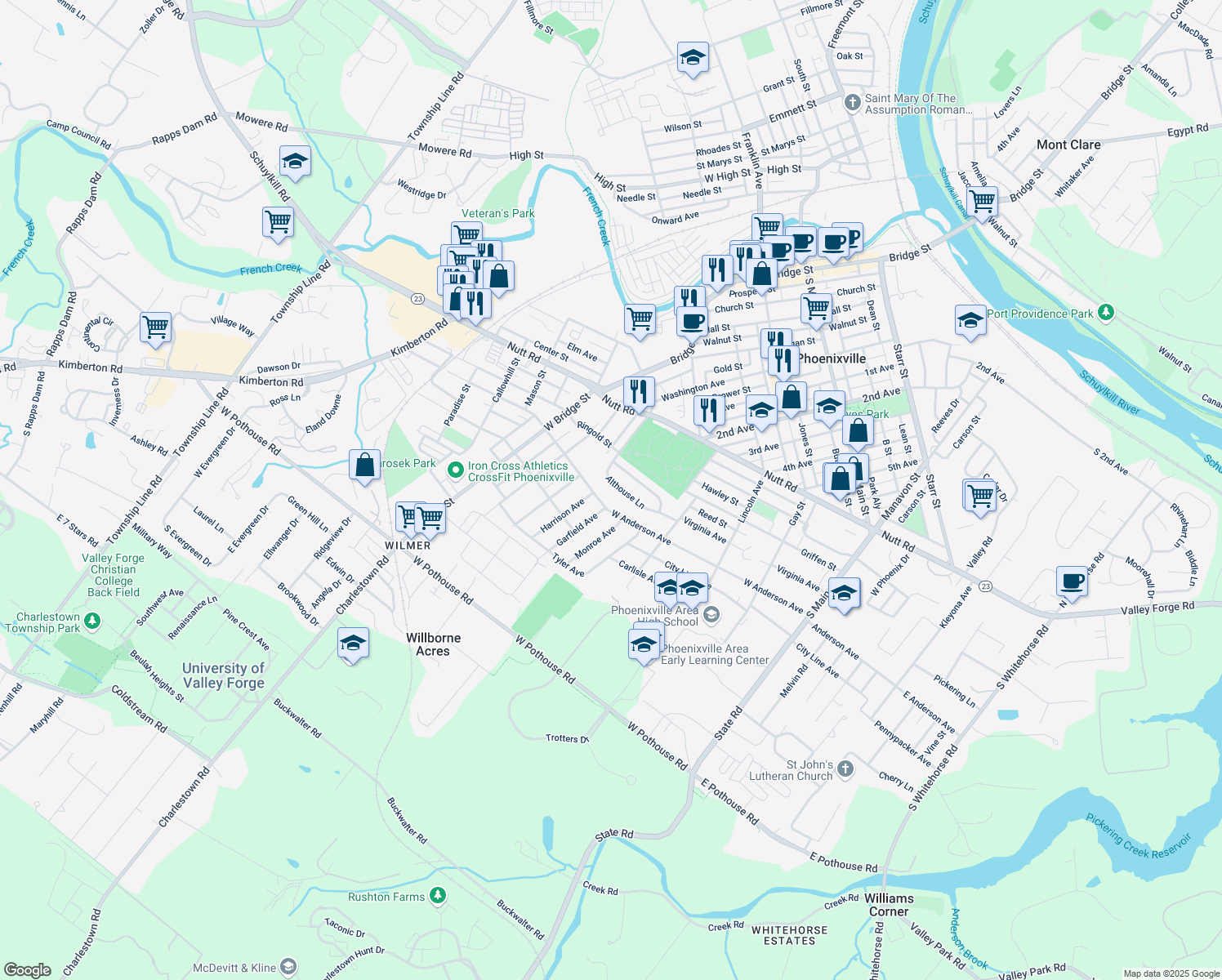 map of restaurants, bars, coffee shops, grocery stores, and more near 526 Virginia Avenue in Phoenixville