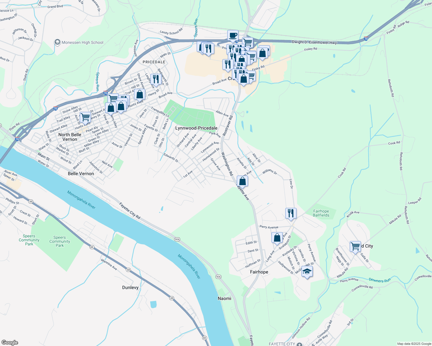 map of restaurants, bars, coffee shops, grocery stores, and more near 116 Sherwood Street in Belle Vernon