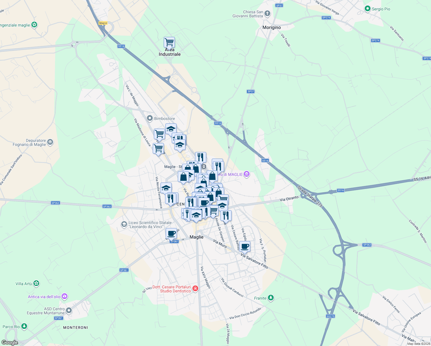 map of restaurants, bars, coffee shops, grocery stores, and more near 43 Via Circolone in Maglie