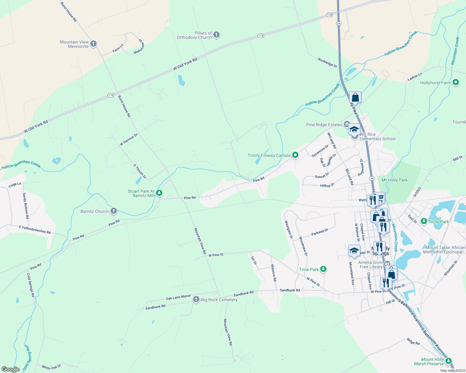 map of restaurants, bars, coffee shops, grocery stores, and more near 423 Pine Road in Mount Holly Springs