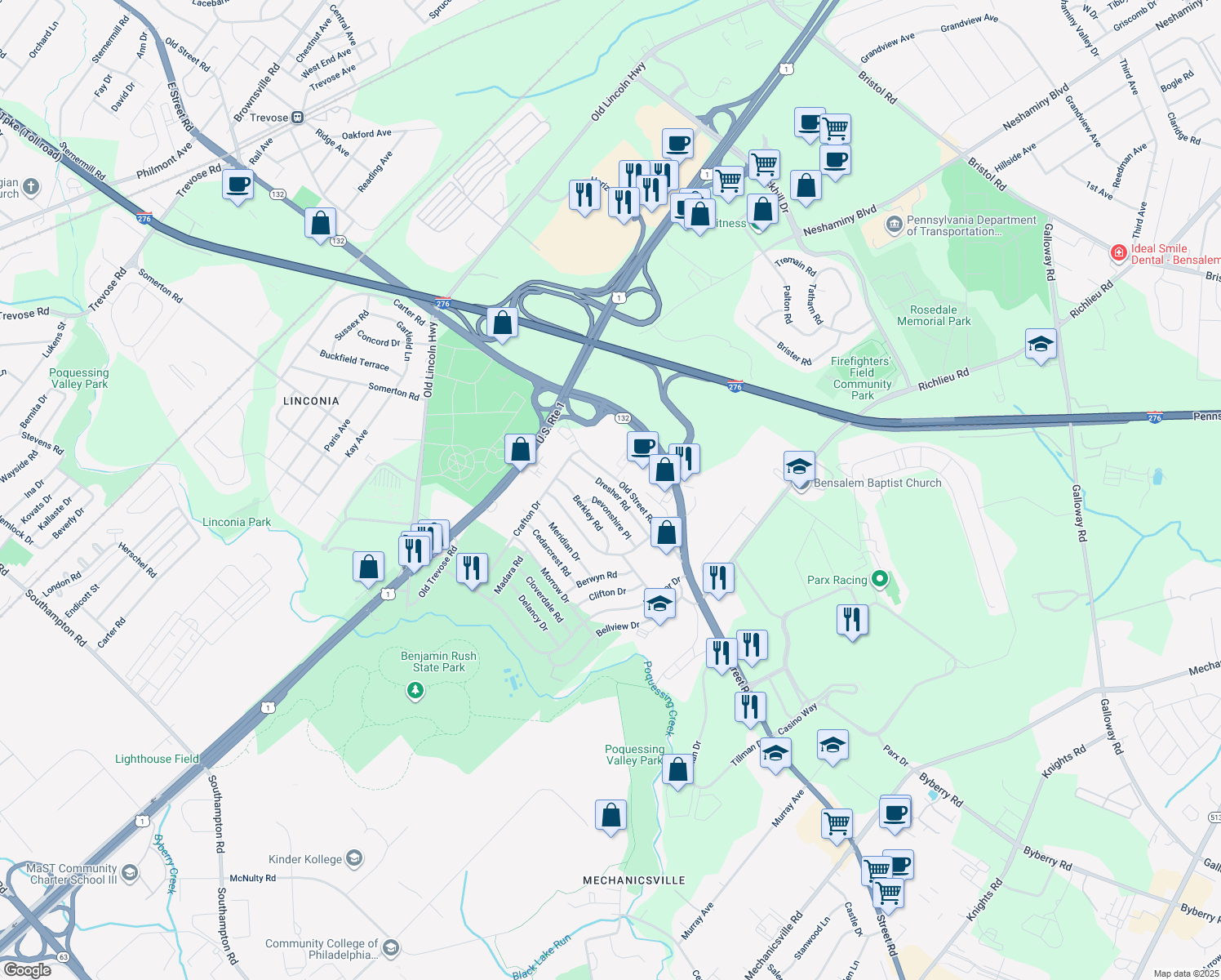 map of restaurants, bars, coffee shops, grocery stores, and more near 3746 Dresher Road in Bensalem
