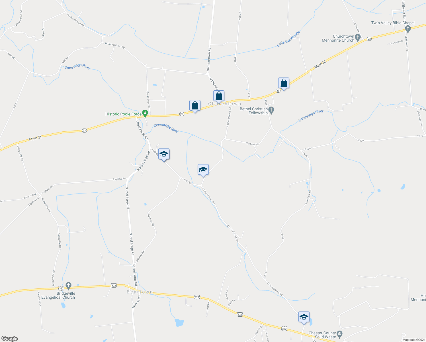 map of restaurants, bars, coffee shops, grocery stores, and more near 211 S Churchtown Rd in Narvon