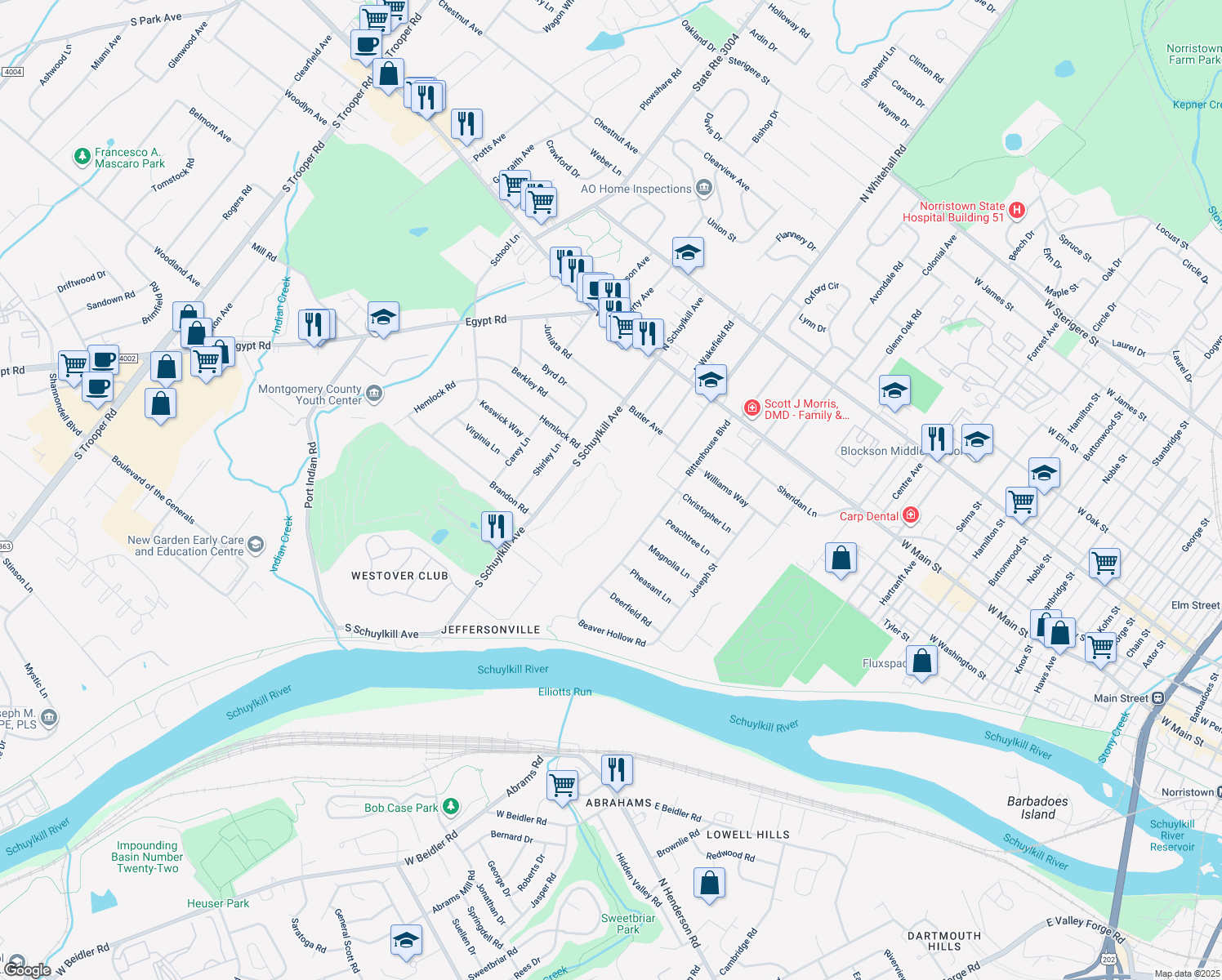 map of restaurants, bars, coffee shops, grocery stores, and more near 544 Brandon Road in Eagleville