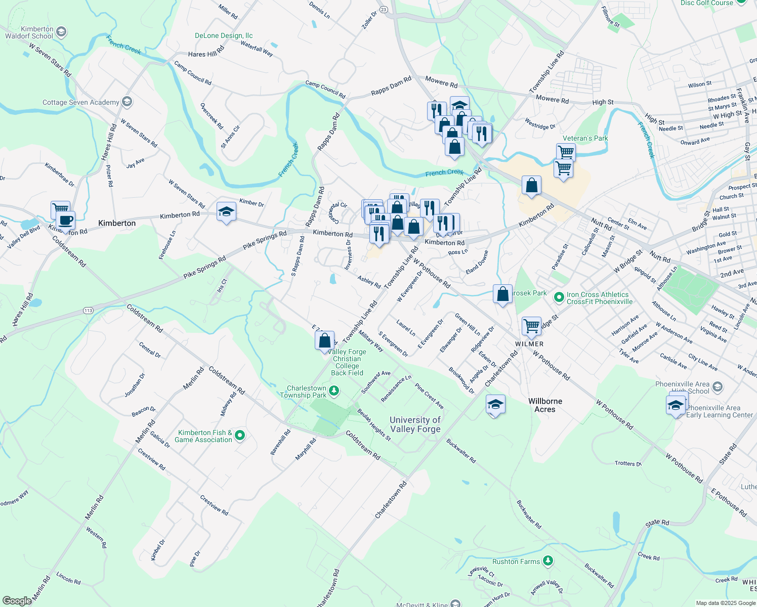 map of restaurants, bars, coffee shops, grocery stores, and more near 12 Mockingbird Lane in Phoenixville