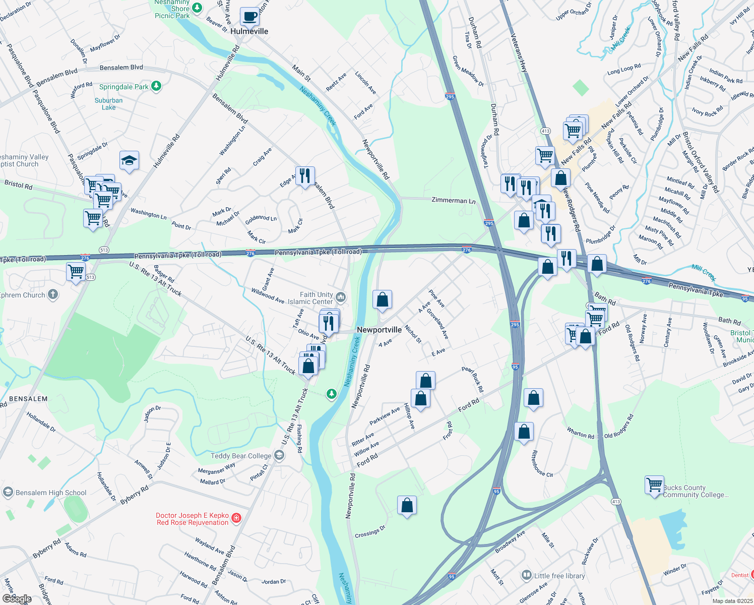 map of restaurants, bars, coffee shops, grocery stores, and more near 4607 Newportville Road in Levittown