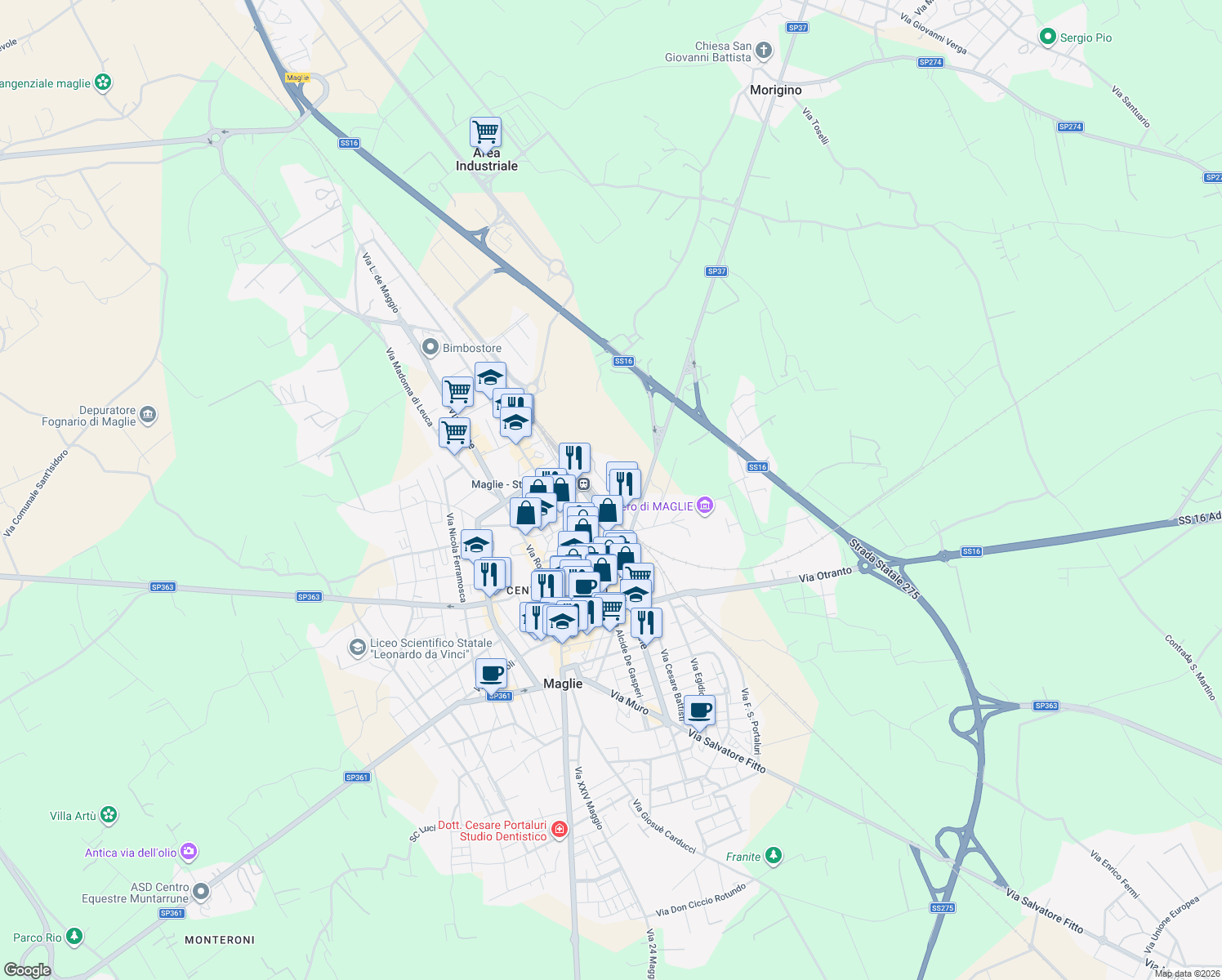map of restaurants, bars, coffee shops, grocery stores, and more near 43 Via Circolone in Maglie