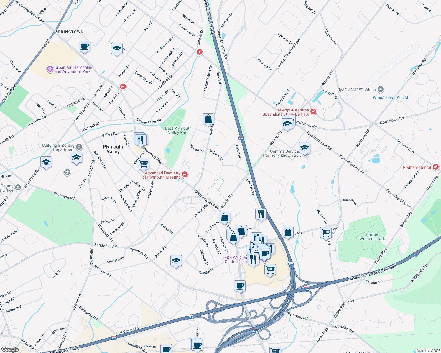 map of restaurants, bars, coffee shops, grocery stores, and more near 30 Malvern Road in Plymouth Meeting