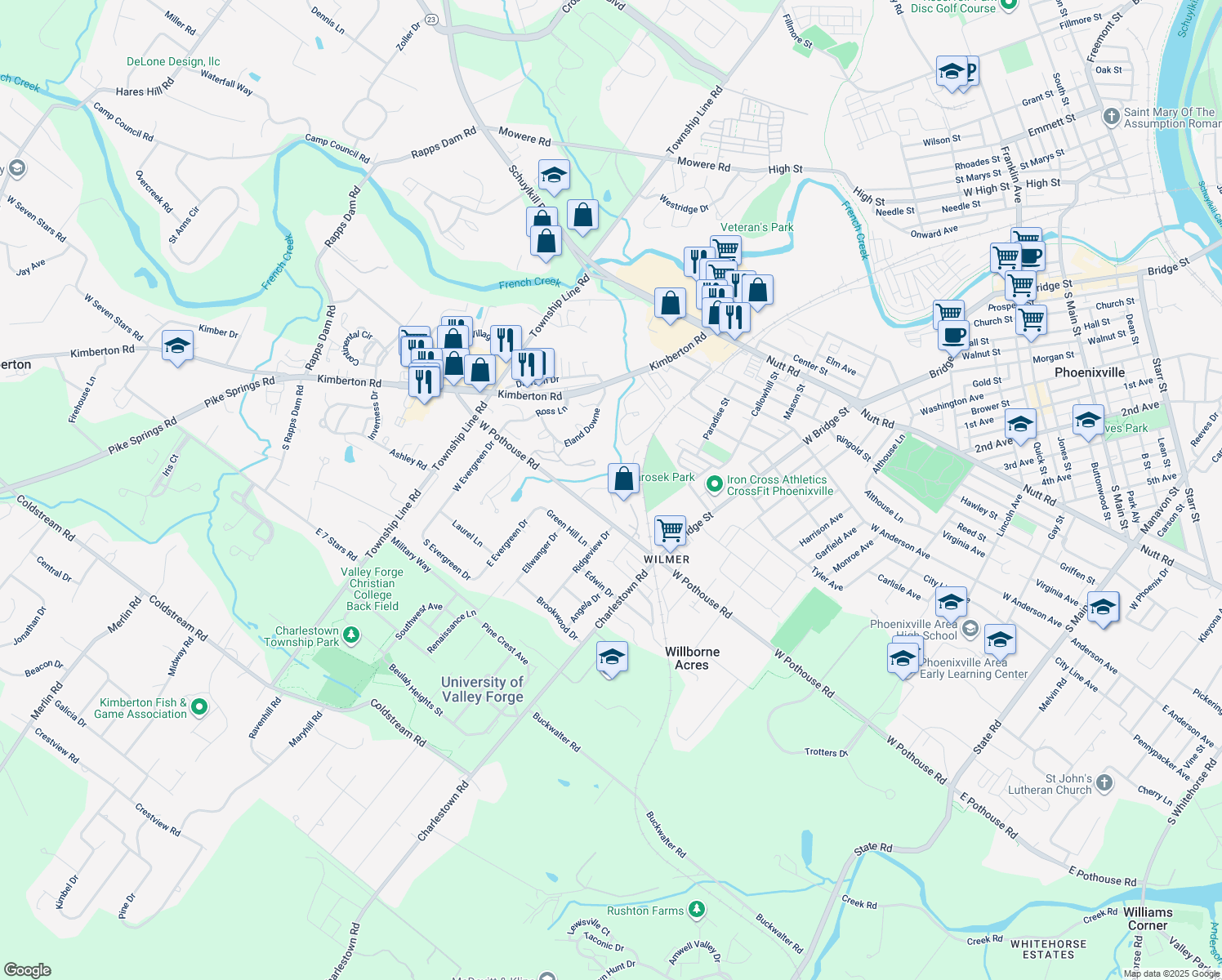 map of restaurants, bars, coffee shops, grocery stores, and more near 136 Harvest Lane in Phoenixville