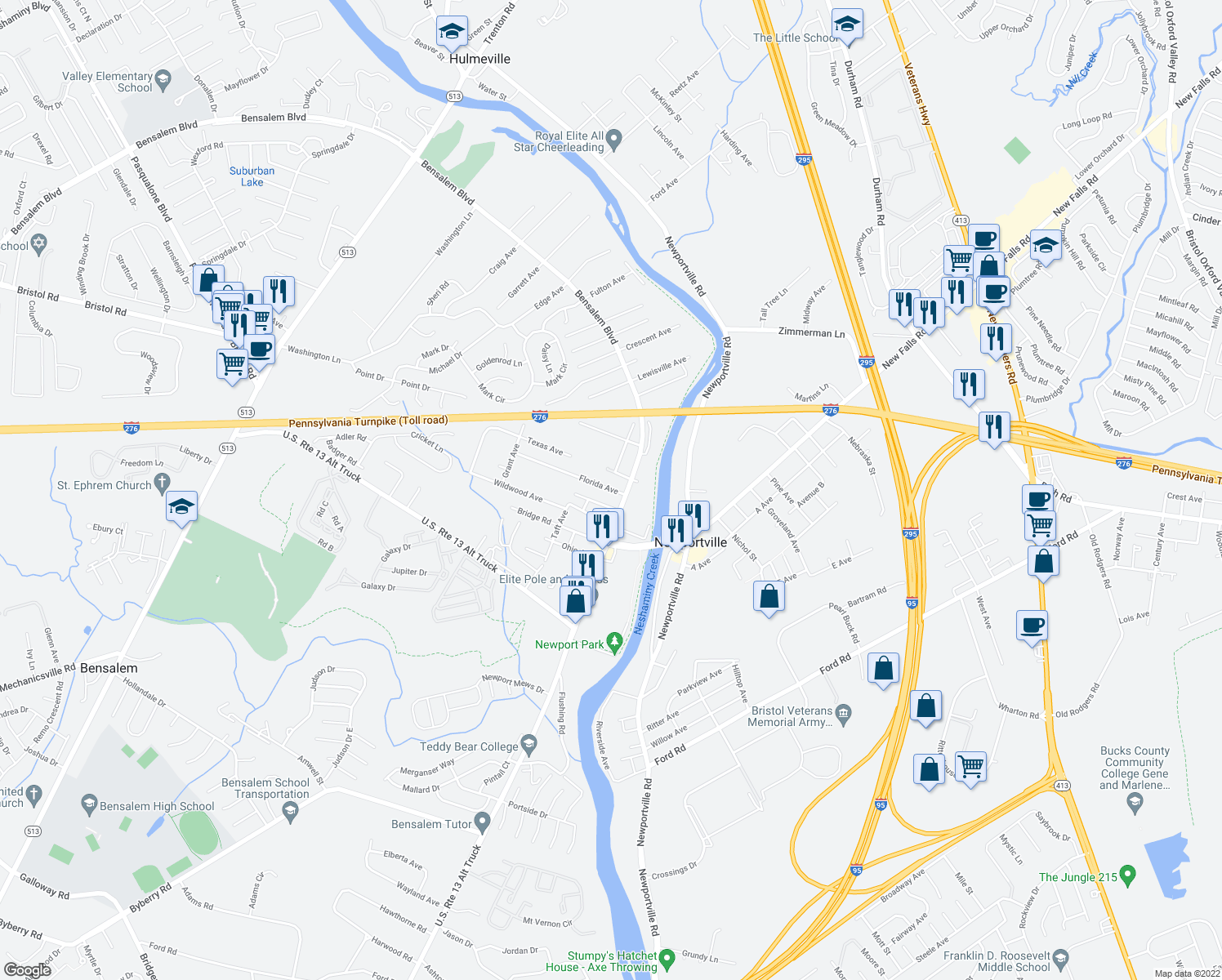map of restaurants, bars, coffee shops, grocery stores, and more near 1077 Florida Avenue in Bensalem