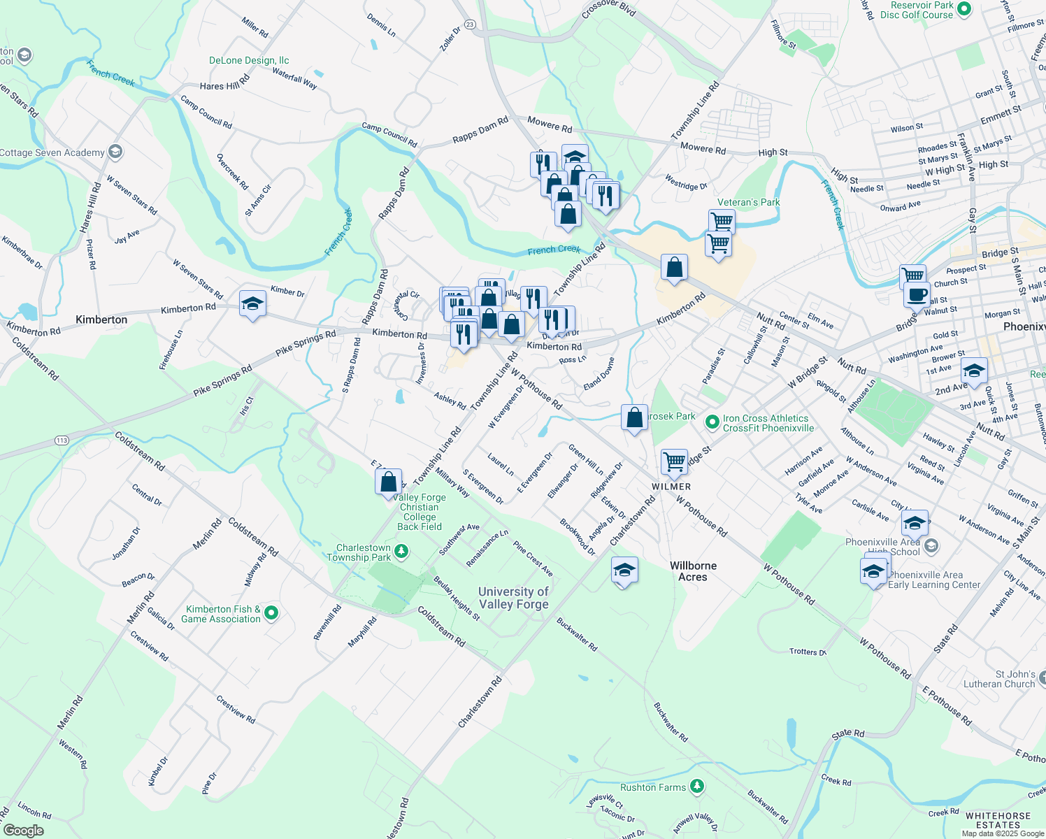 map of restaurants, bars, coffee shops, grocery stores, and more near 108 Potters Pond Drive in Phoenixville
