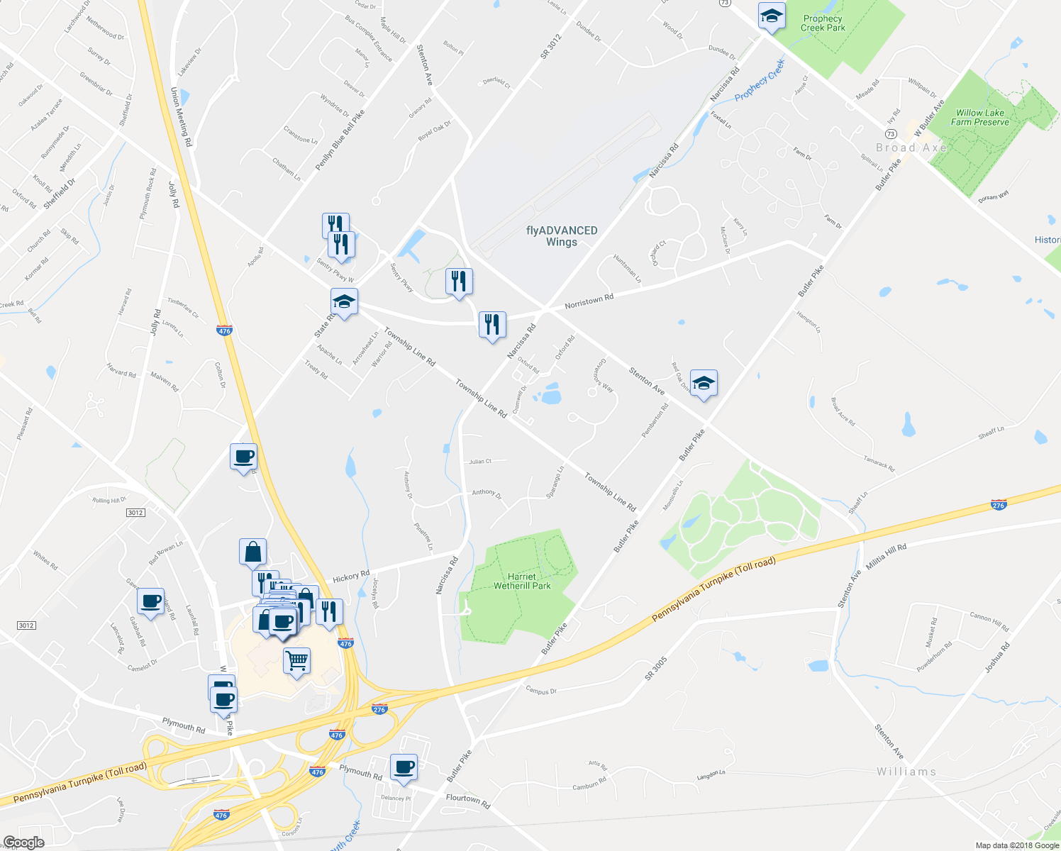 map of restaurants, bars, coffee shops, grocery stores, and more near 27 Barclay Court in Blue Bell