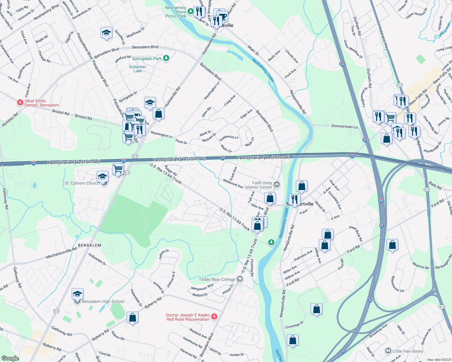 map of restaurants, bars, coffee shops, grocery stores, and more near 1334 Wildwood Avenue in Bensalem