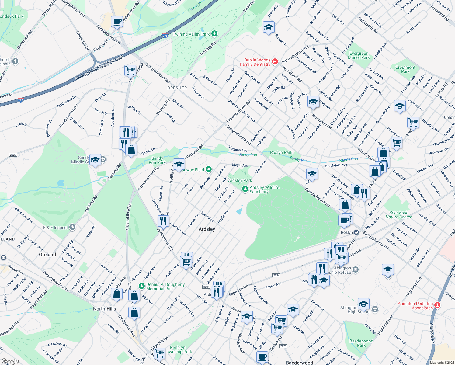 map of restaurants, bars, coffee shops, grocery stores, and more near 2908 Jefferson Avenue in Glenside