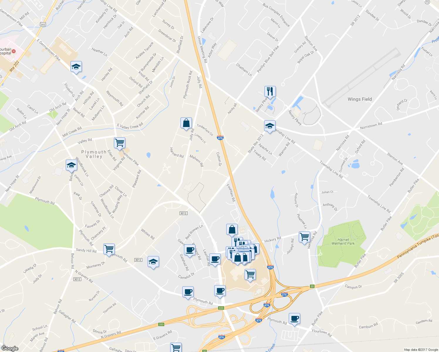map of restaurants, bars, coffee shops, grocery stores, and more near 18 Allandale Road in Plymouth Meeting