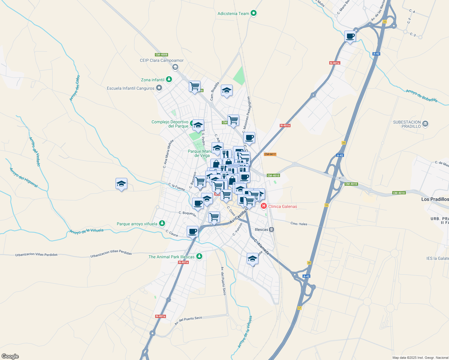 map of restaurants, bars, coffee shops, grocery stores, and more near in Illescas
