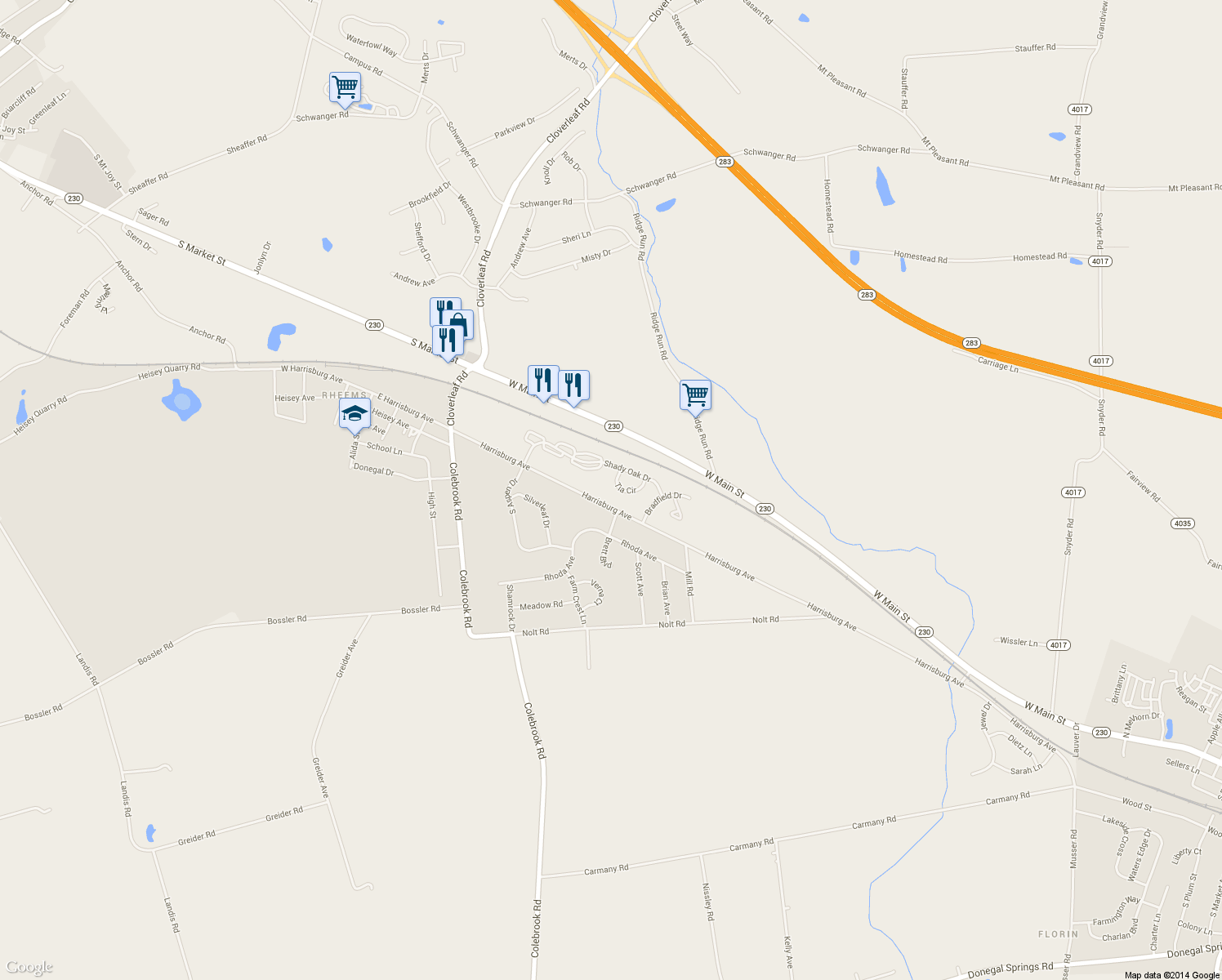 map of restaurants, bars, coffee shops, grocery stores, and more near 62 Tia Circle in Mount Joy