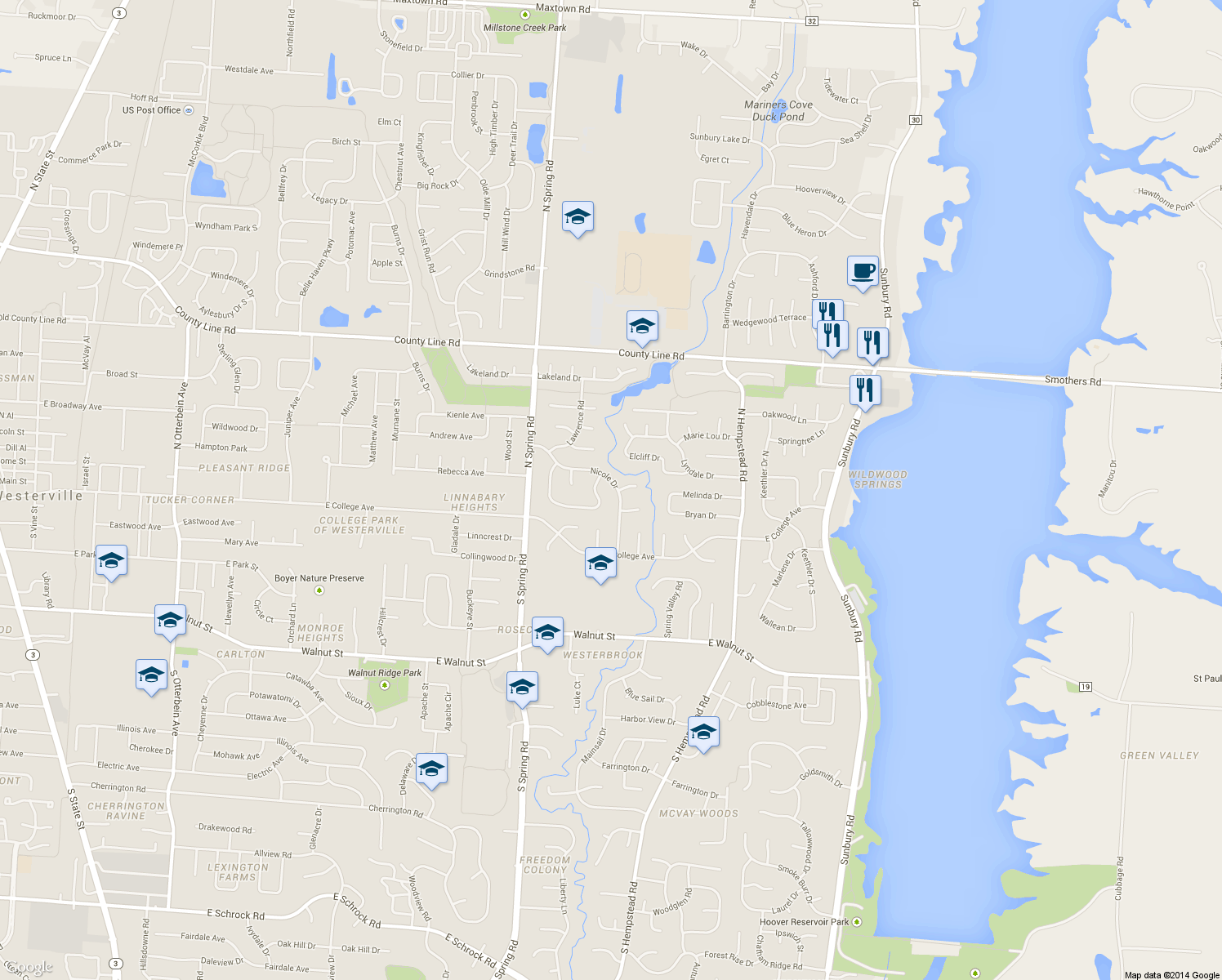 map of restaurants, bars, coffee shops, grocery stores, and more near 85 Nicole Drive in Westerville