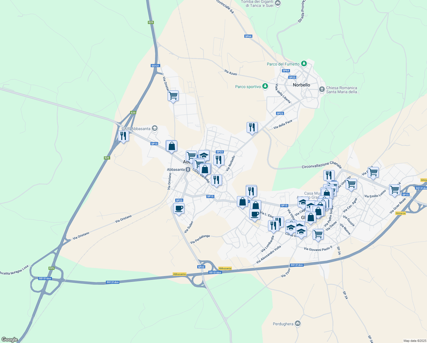 map of restaurants, bars, coffee shops, grocery stores, and more near 16 Via San Satta in Abbasanta