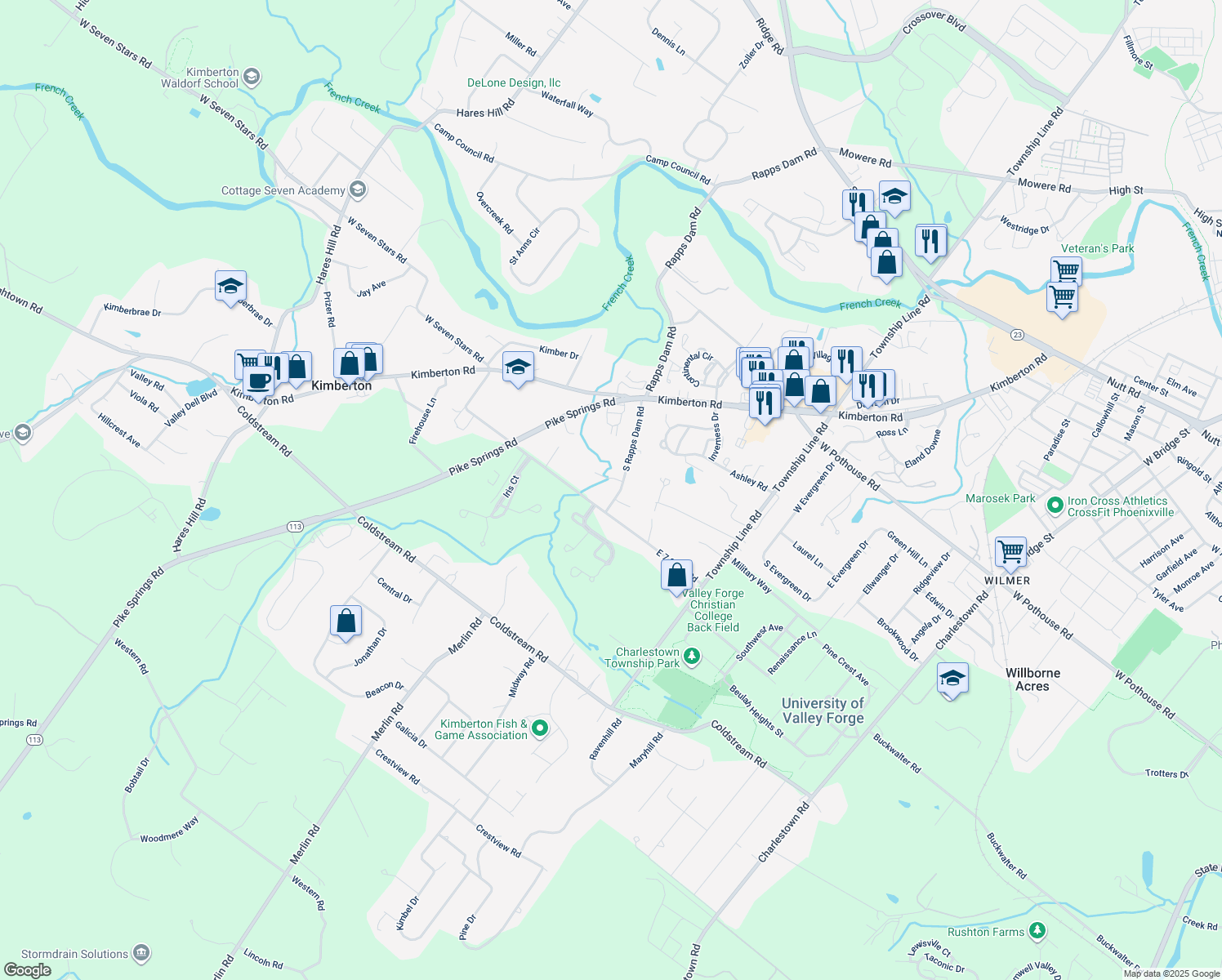 map of restaurants, bars, coffee shops, grocery stores, and more near 1225 South Rapps Dam Road in Phoenixville