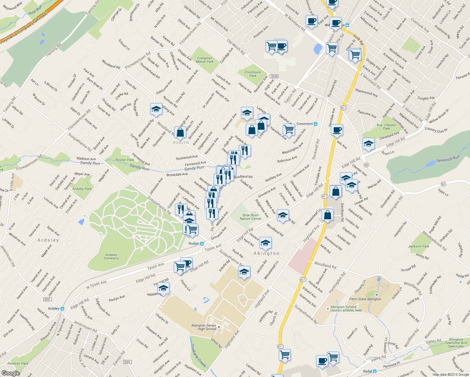 map of restaurants, bars, coffee shops, grocery stores, and more near 1331 East Avenue in Abington