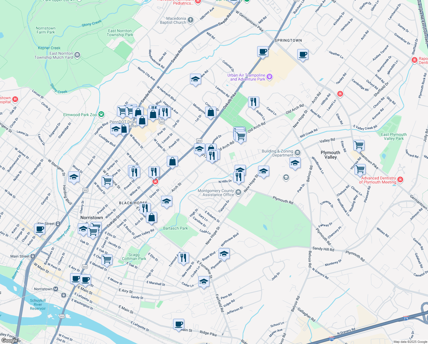 map of restaurants, bars, coffee shops, grocery stores, and more near 37 Zummo Way in Norristown