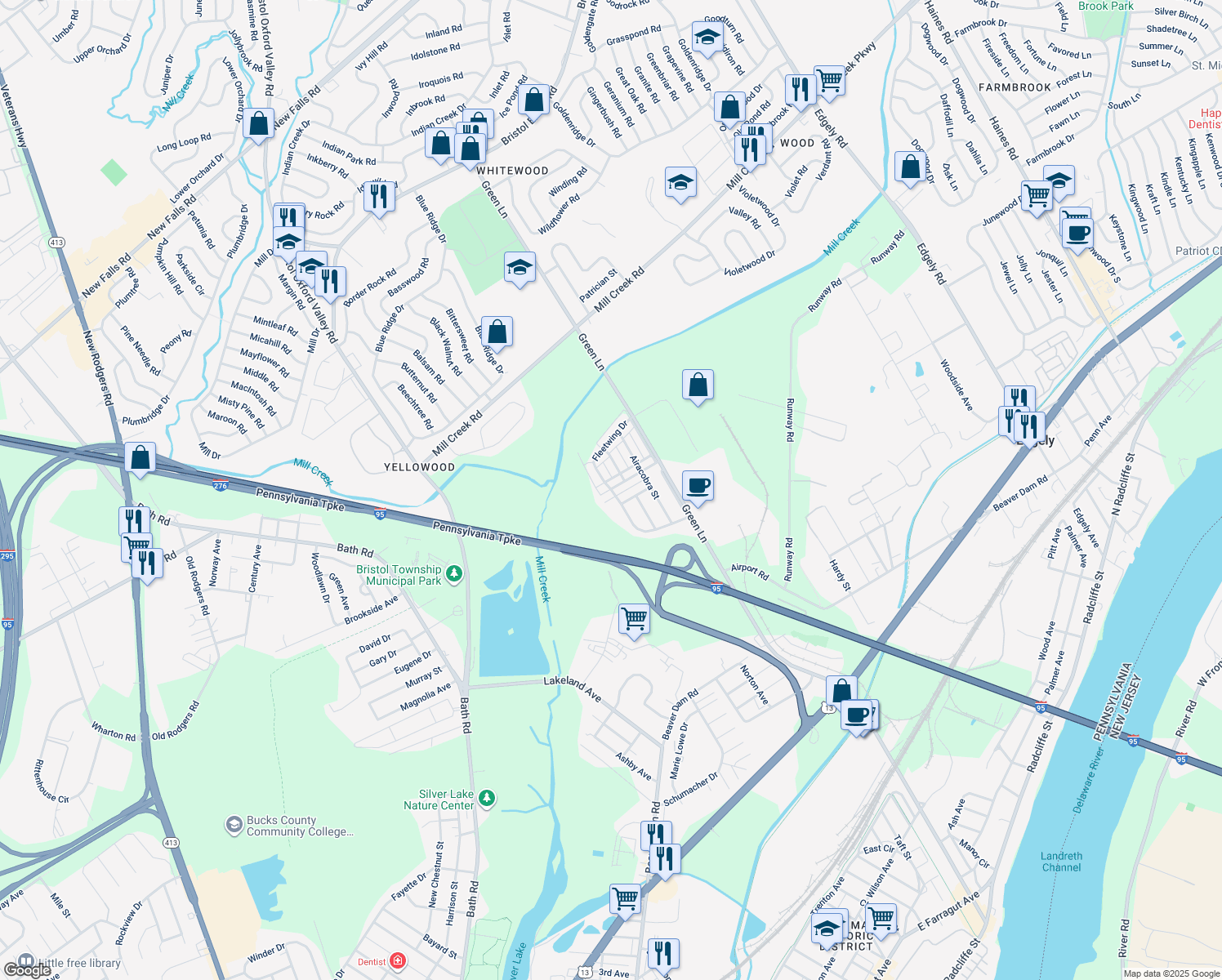map of restaurants, bars, coffee shops, grocery stores, and more near 2409 Fleetwing Drive in Levittown