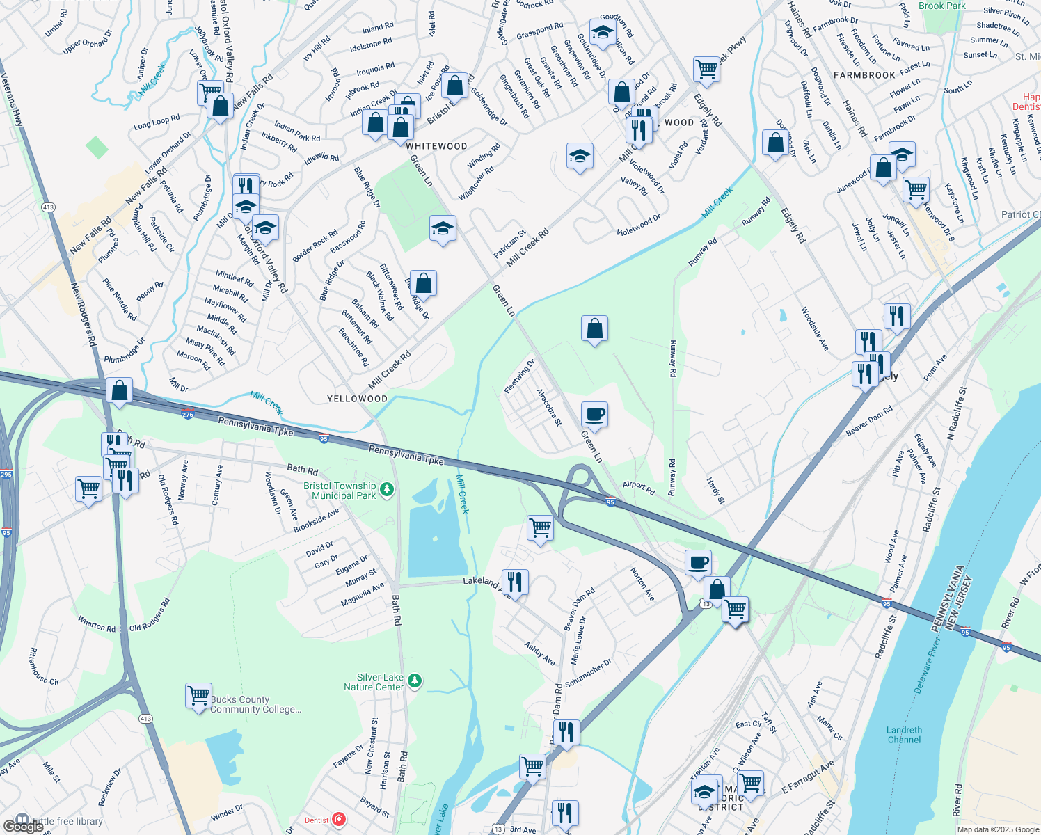 map of restaurants, bars, coffee shops, grocery stores, and more near 2423 Fleetwing Drive in Levittown