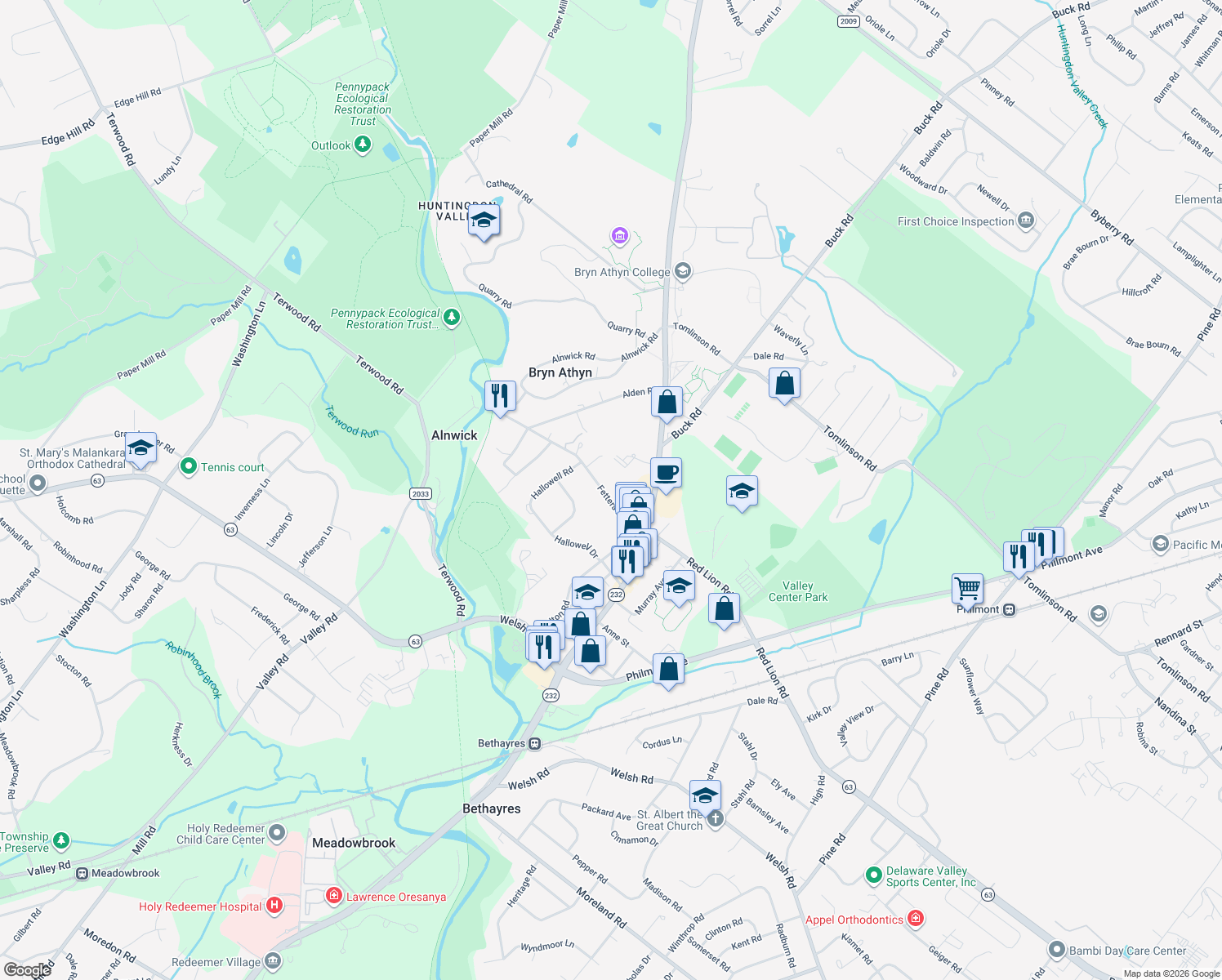 map of restaurants, bars, coffee shops, grocery stores, and more near 745 Fetters Mill Rd in Bryn Athyn